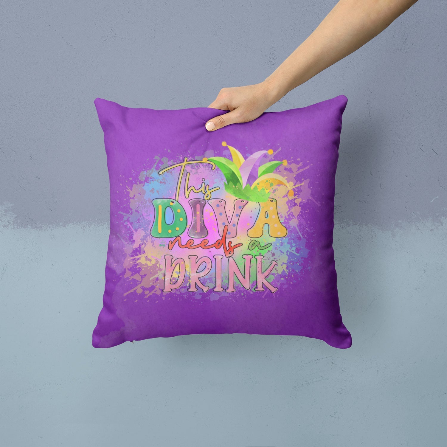 This Diva needs a Drink Mardi Gras Decorative Throw Pillow 14x14 Indoor Outdoor Accent Cushion, Fabric Cover with Insert for Sofa, Bed, Porch & Living Room