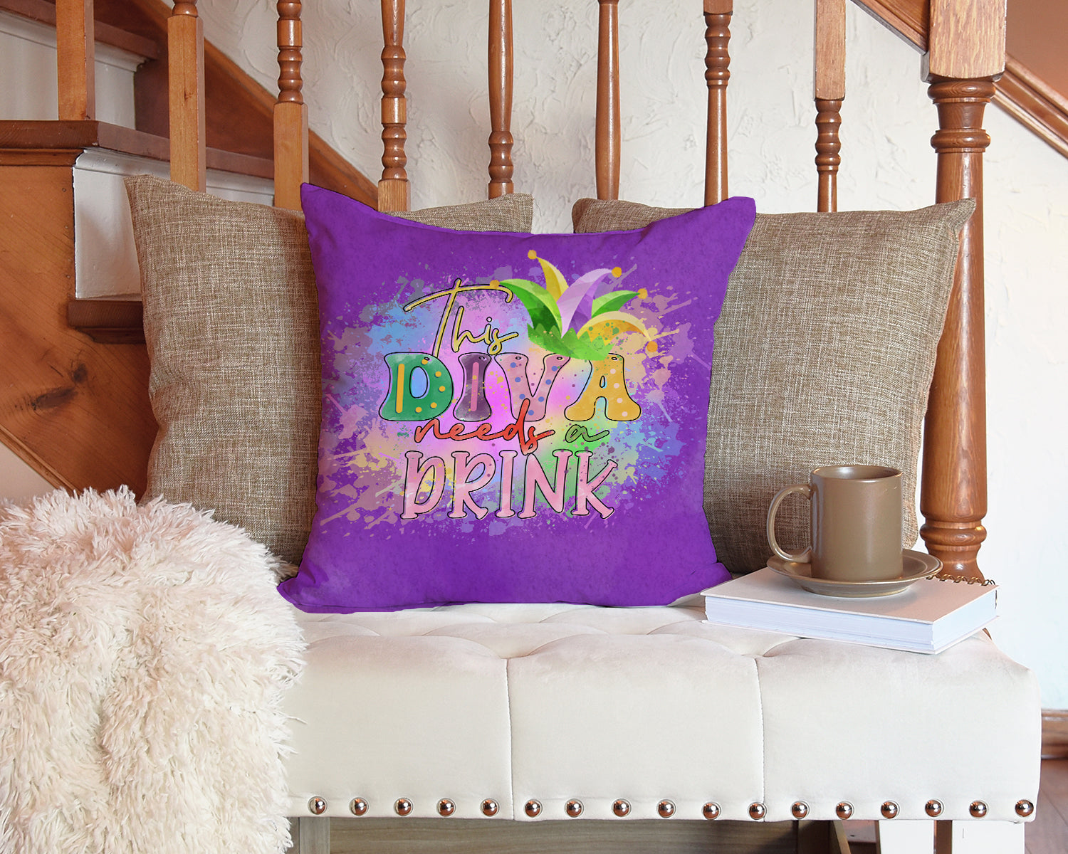 This Diva needs a Drink Mardi Gras Decorative Throw Pillow 14x14 Indoor Outdoor Accent Cushion, Fabric Cover with Insert for Sofa, Bed, Porch & Living Room