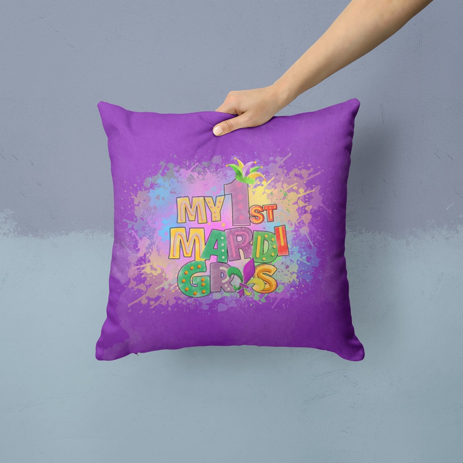 My 1st Mardi Gras Decorative Throw Pillow 14x14 Indoor Outdoor Accent Cushion, Fabric Cover with Insert for Sofa, Bed, Porch & Living Room
