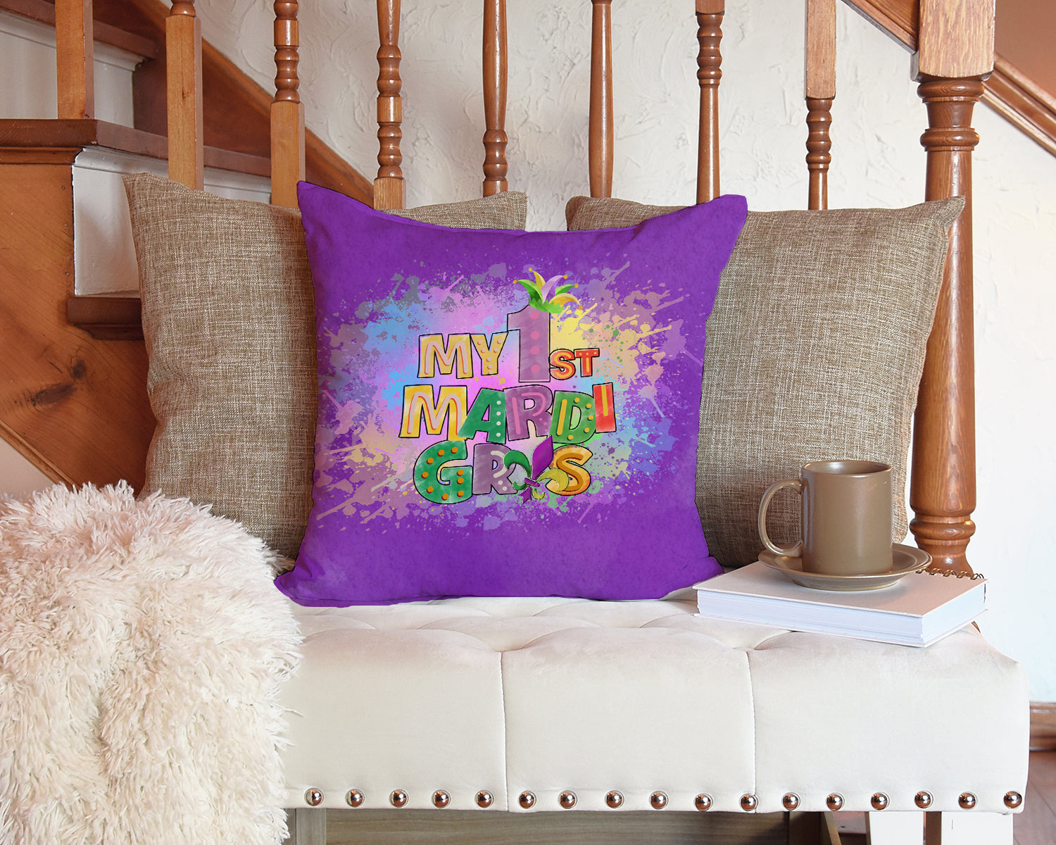 My 1st Mardi Gras Decorative Throw Pillow 14x14 Indoor Outdoor Accent Cushion, Fabric Cover with Insert for Sofa, Bed, Porch & Living Room