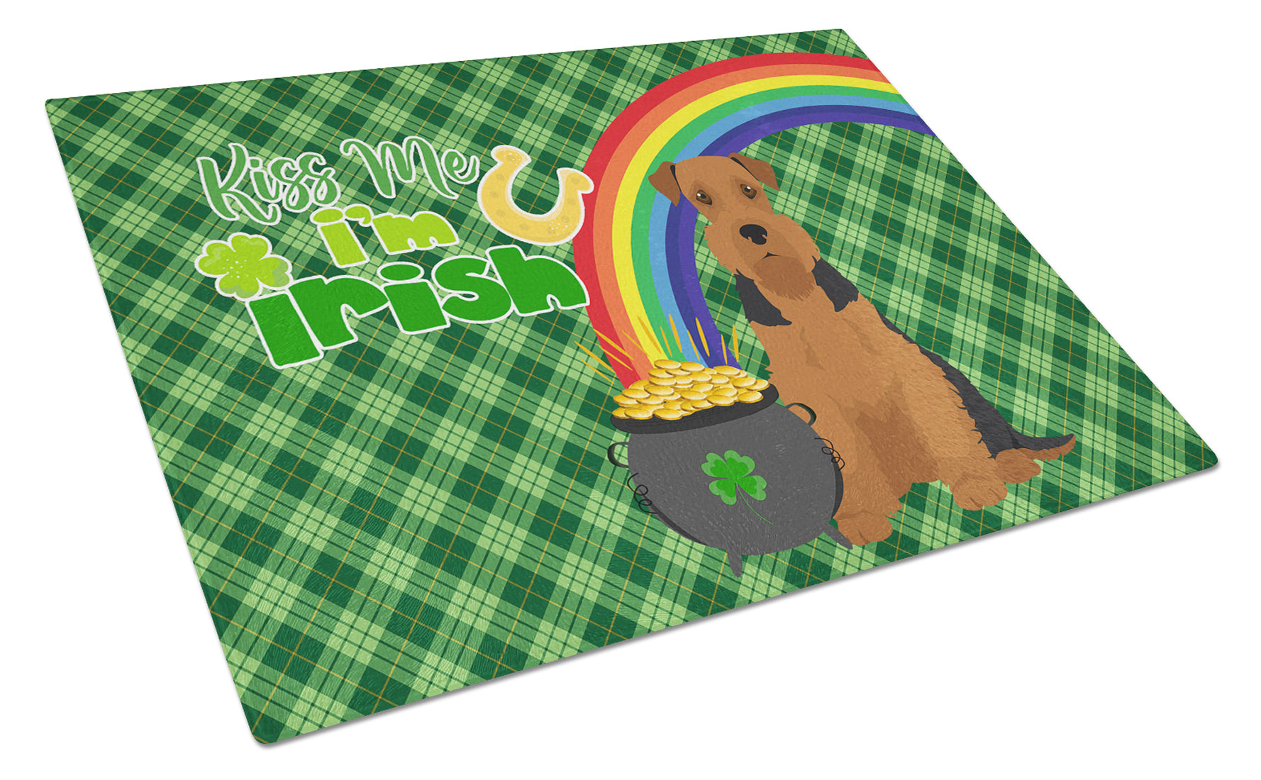 Black and Tan Airedale Terrier St. Patrick's Day Cutting Board Tempered Glass Kitchen Cutting Surface, Heat Resistant Chopping, Non-Slip Feet, Food Prep & Serving