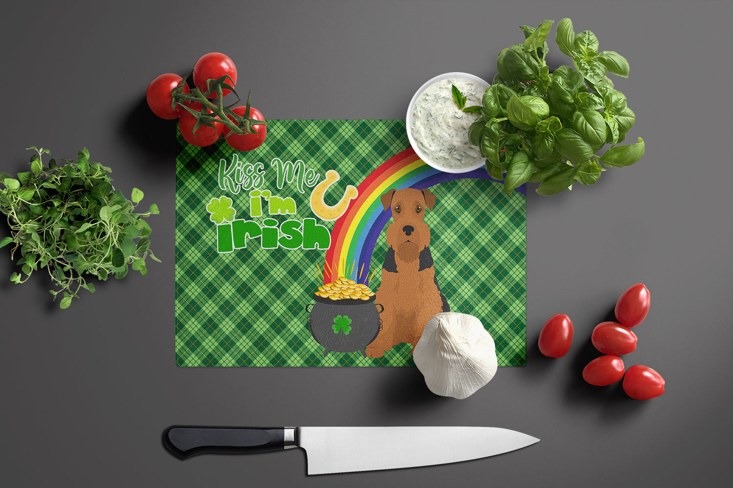 Black and Tan Airedale Terrier St. Patrick's Day Cutting Board Tempered Glass Kitchen Cutting Surface, Heat Resistant Chopping, Non-Slip Feet, Food Prep & Serving