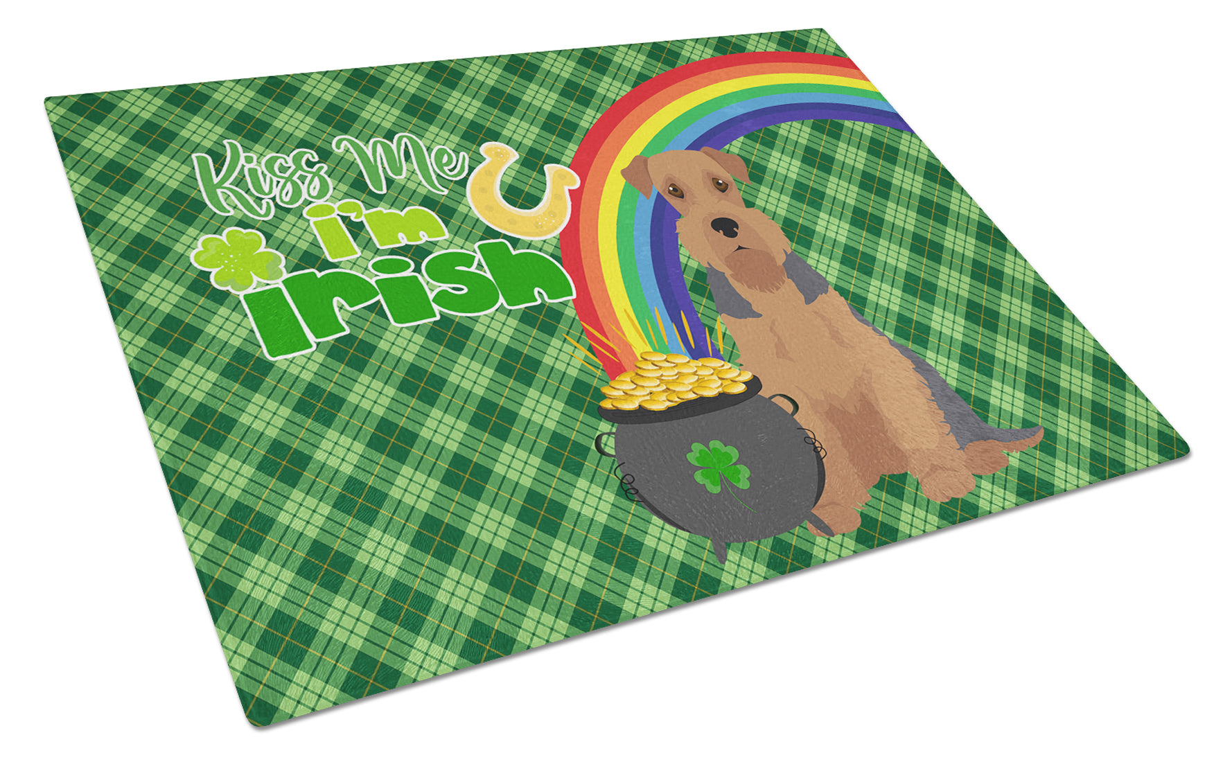 Grizzle and Tan Airedale Terrier St. Patrick's Day Cutting Board Tempered Glass Kitchen Cutting Surface, Heat Resistant Chopping, Non-Slip Feet, Food Prep & Serving