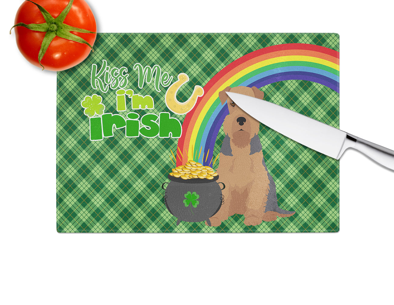 Grizzle and Tan Airedale Terrier St. Patrick's Day Cutting Board Tempered Glass Kitchen Cutting Surface, Heat Resistant Chopping, Non-Slip Feet, Food Prep & Serving