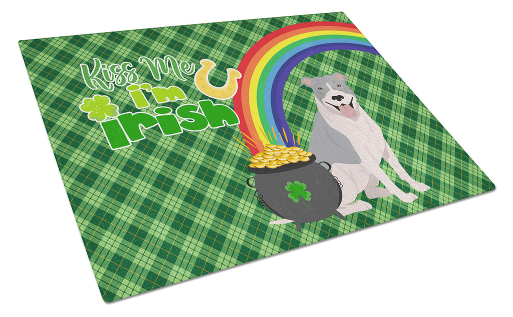 Blue and White Pit Bull Terrier St. Patrick's Day Cutting Board Tempered Glass Kitchen Cutting Surface, Heat Resistant Chopping, Non-Slip Feet, Food Prep & Serving