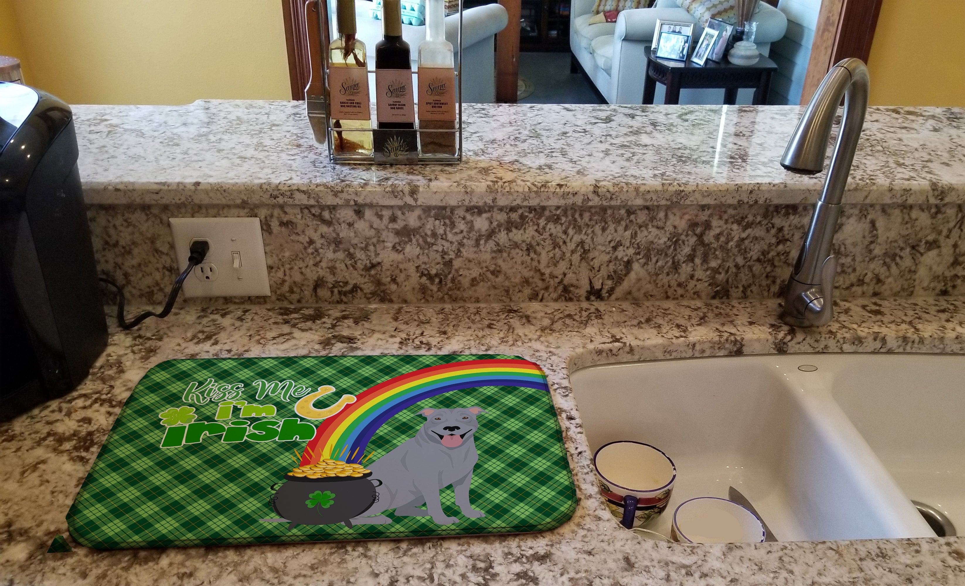 Blue Pit Bull Terrier St. Patrick's Day Dish Drying Mat Absorbent Dish Drying Mat Pad for Kitchen Counter Dish Drainer Mat for Countertop, 14 x 21", Multicolor