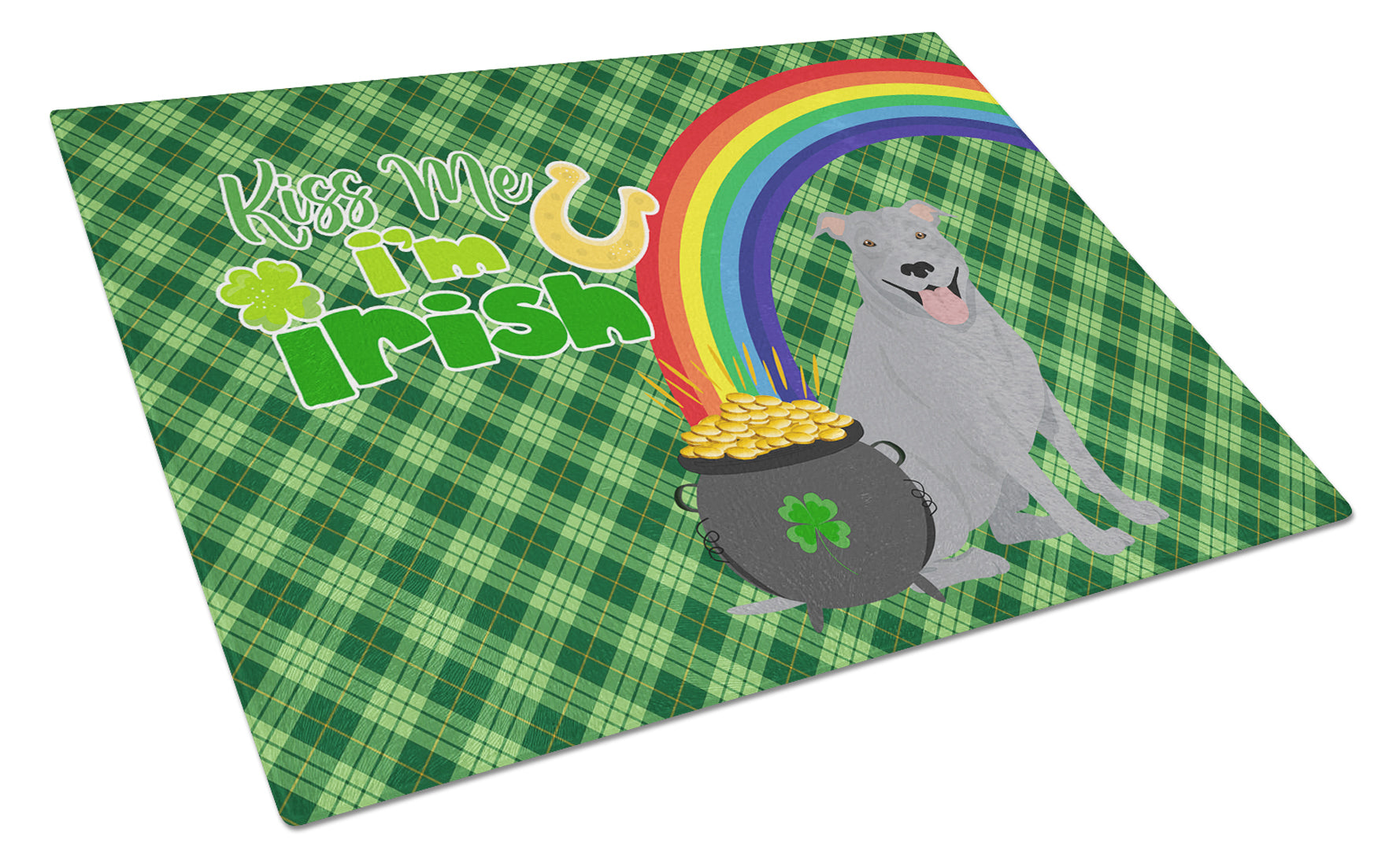Blue Pit Bull Terrier St. Patrick's Day Cutting Board Tempered Glass Kitchen Cutting Surface, Heat Resistant Chopping, Non-Slip Feet, Food Prep & Serving