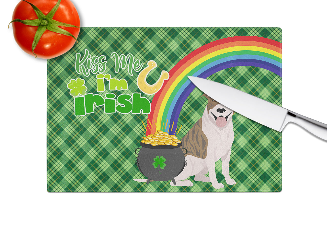 Fawn Brindle Pit Bull Terrier St. Patrick's Day Cutting Board Tempered Glass Kitchen Cutting Surface, Heat Resistant Chopping, Non-Slip Feet, Food Prep & Serving