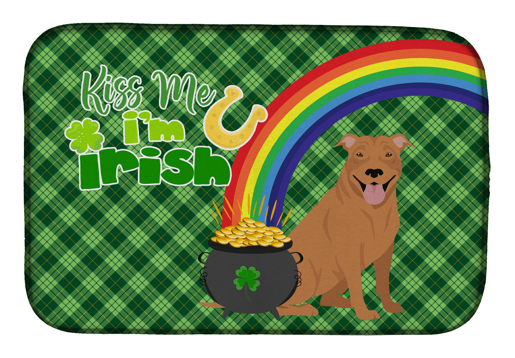 Red Pit Bull Terrier St. Patrick's Day Dish Drying Mat Absorbent Dish Drying Mat Pad for Kitchen Counter Dish Drainer Mat for Countertop, 14 x 21", Multicolor