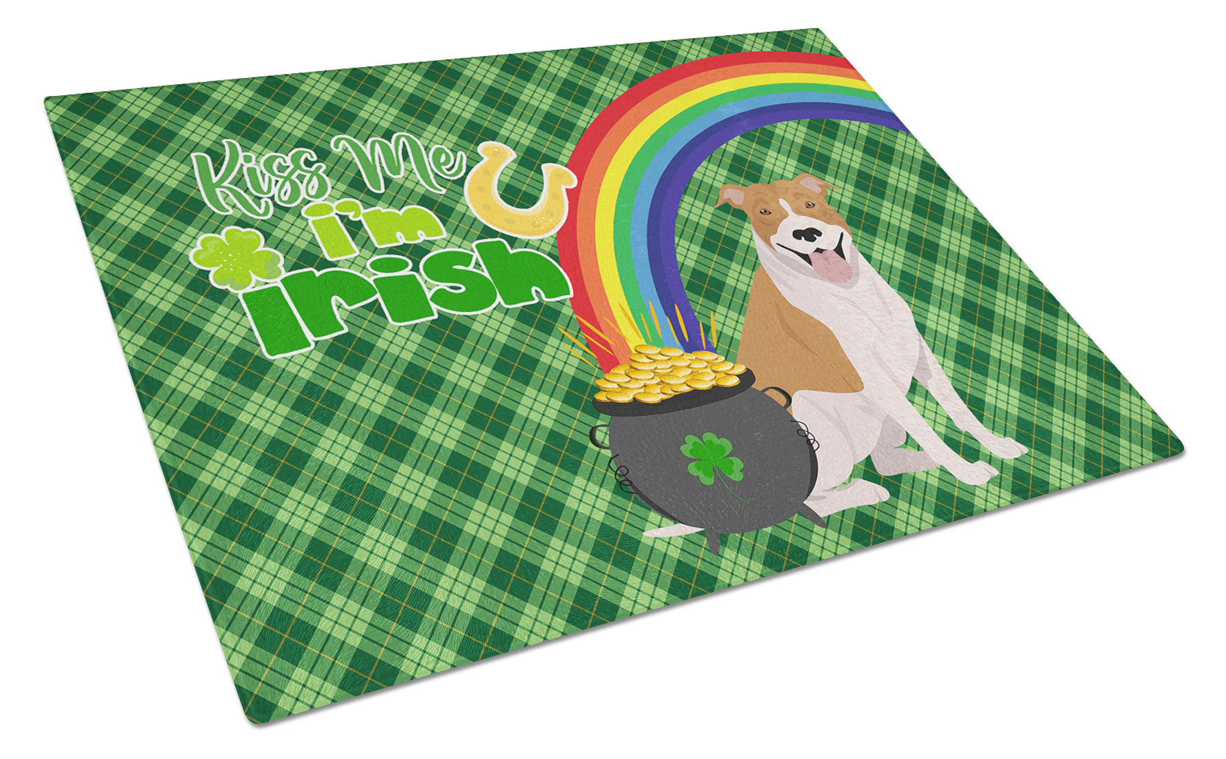 Red and White Pit Bull Terrier St. Patrick's Day Cutting Board Tempered Glass Kitchen Cutting Surface, Heat Resistant Chopping, Non-Slip Feet, Food Prep & Serving