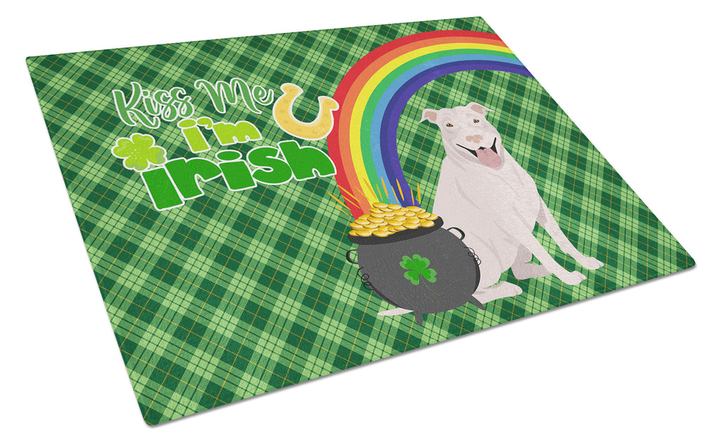 White Pit Bull Terrier St. Patrick's Day Cutting Board Tempered Glass Kitchen Cutting Surface, Heat Resistant Chopping, Non-Slip Feet, Food Prep & Serving