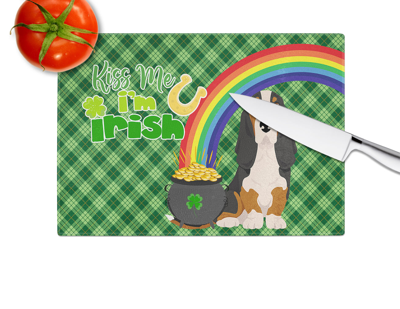 Black Tricolor Basset Hound St. Patrick's Day Cutting Board Tempered Glass Kitchen Cutting Surface, Heat Resistant Chopping, Non-Slip Feet, Food Prep & Serving