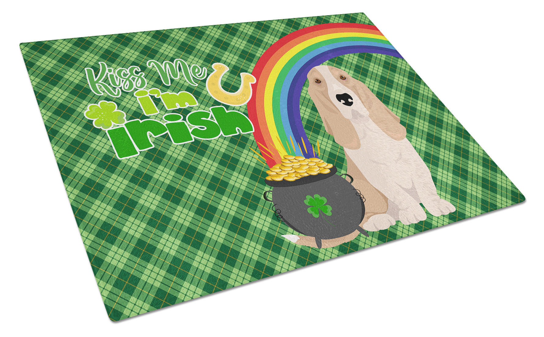 Lemon and White Tricolor Basset Hound St. Patrick's Day Cutting Board Tempered Glass Kitchen Cutting Surface, Heat Resistant Chopping, Non-Slip Feet, Food Prep & Serving