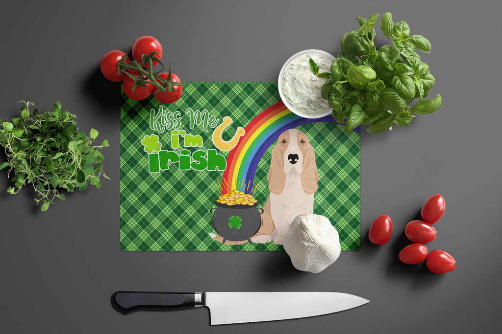 Lemon and White Tricolor Basset Hound St. Patrick's Day Cutting Board Tempered Glass Kitchen Cutting Surface, Heat Resistant Chopping, Non-Slip Feet, Food Prep & Serving