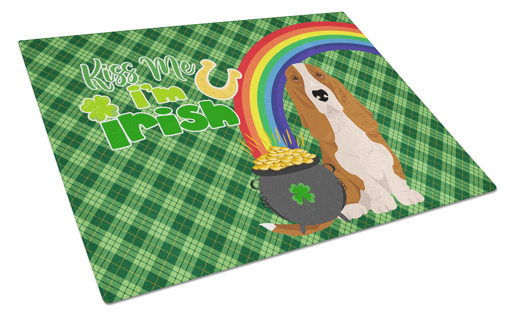 Red and White Tricolor Basset Hound St. Patrick's Day Cutting Board Tempered Glass Kitchen Cutting Surface, Heat Resistant Chopping, Non-Slip Feet, Food Prep & Serving