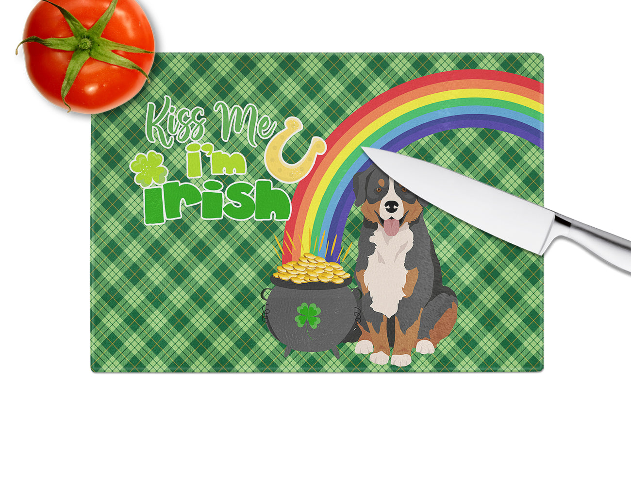 Bernese Mountain Dog St. Patrick's Day Cutting Board Tempered Glass Kitchen Cutting Surface, Heat Resistant Chopping, Non-Slip Feet, Food Prep & Serving