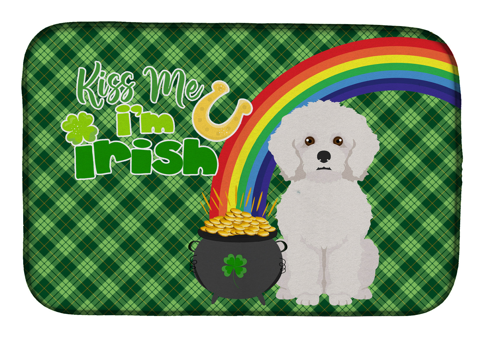 Bichon Frise St. Patrick's Day Dish Drying Mat Absorbent Dish Drying Mat Pad for Kitchen Counter Dish Drainer Mat for Countertop, 14 x 21", Multicolor