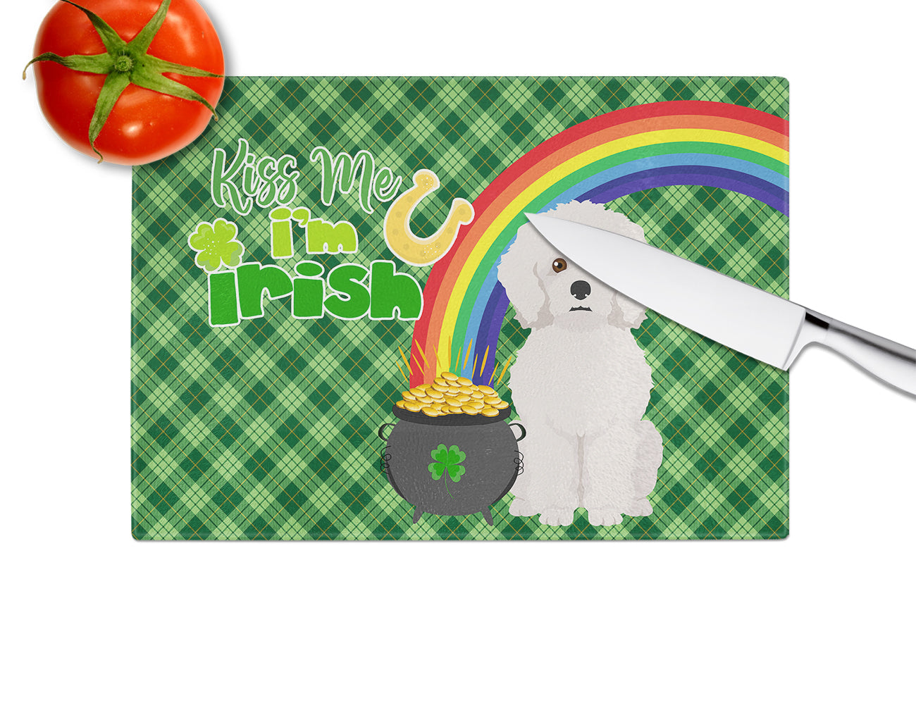 Bichon Frise St. Patrick's Day Cutting Board Tempered Glass Kitchen Cutting Surface, Heat Resistant Chopping, Non-Slip Feet, Food Prep & Serving