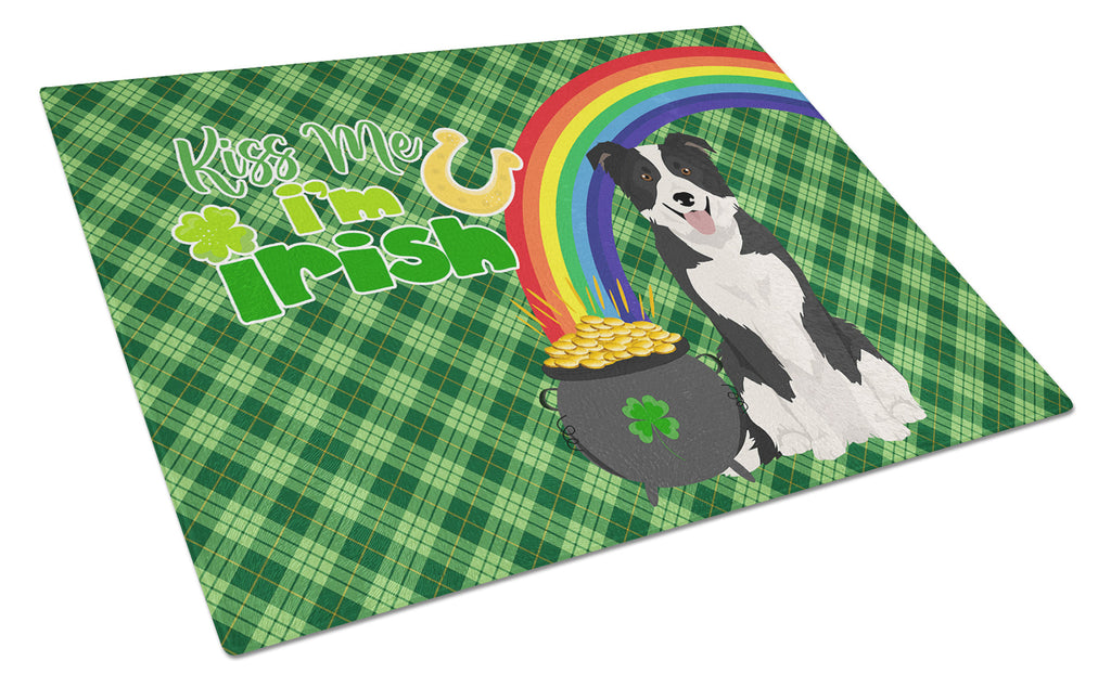 Black and White Border Collie St. Patrick's Day Cutting Board Tempered Glass Kitchen Cutting Surface, Heat Resistant Chopping, Non-Slip Feet, Food Prep & Serving