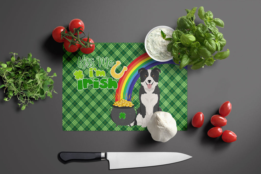Black and White Border Collie St. Patrick's Day Cutting Board Tempered Glass Kitchen Cutting Surface, Heat Resistant Chopping, Non-Slip Feet, Food Prep & Serving