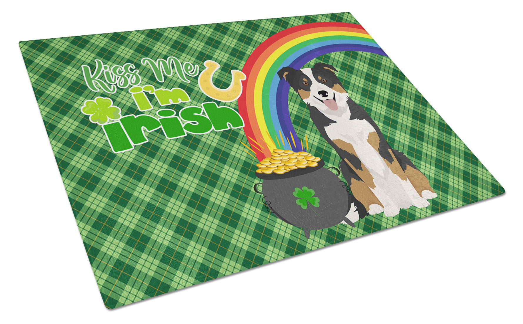 Tricolor Border Collie St. Patrick's Day Cutting Board Tempered Glass Kitchen Cutting Surface, Heat Resistant Chopping, Non-Slip Feet, Food Prep & Serving