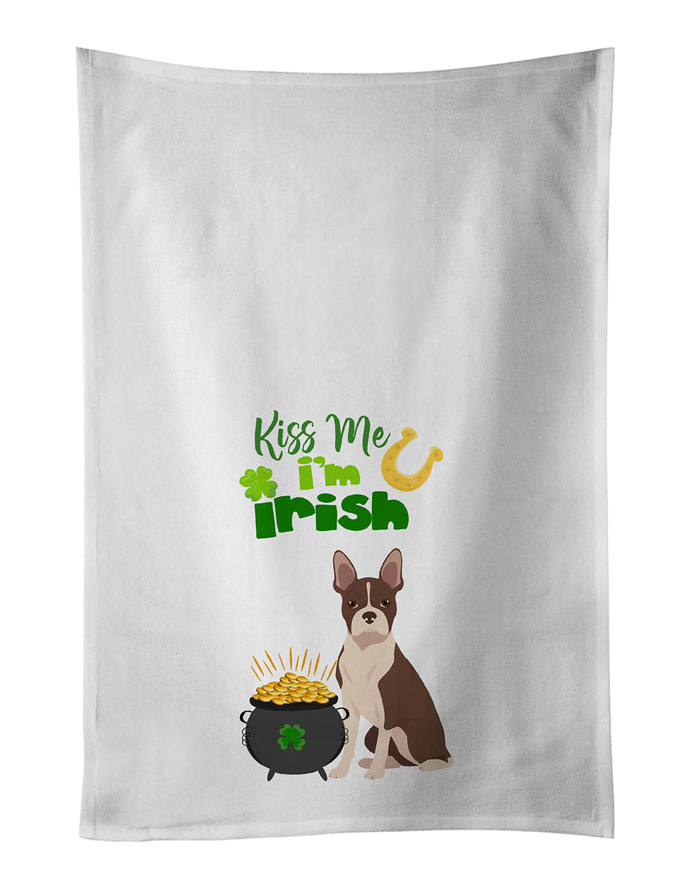 Red Boston Terrier St. Patrick's Day Kitchen Towel Set of 2 White Dish Towels Decorative Bathroom Hand towel for Hand, Face, Hair, Yoga, Tea, Dishcloth, 19 X 28", White