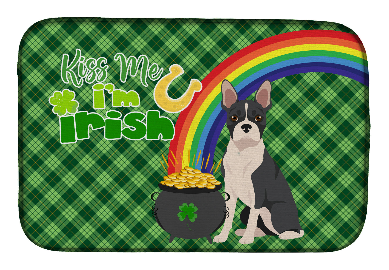 Black Boston Terrier St. Patrick's Day Dish Drying Mat Absorbent Dish Drying Mat Pad for Kitchen Counter Dish Drainer Mat for Countertop, 14 x 21", Multicolor