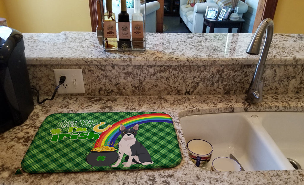 Black Boston Terrier St. Patrick's Day Dish Drying Mat Absorbent Dish Drying Mat Pad for Kitchen Counter Dish Drainer Mat for Countertop, 14 x 21", Multicolor