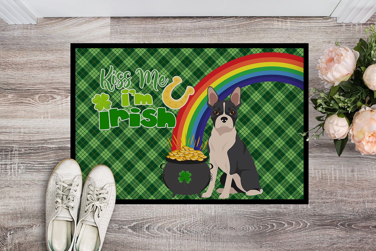 Black Boston Terrier St. Patrick's Day Doormat Indoor Outdoor 24H X 36W Front Door Mat Rugs for Entryway, Non Slip Washable Low Pile,