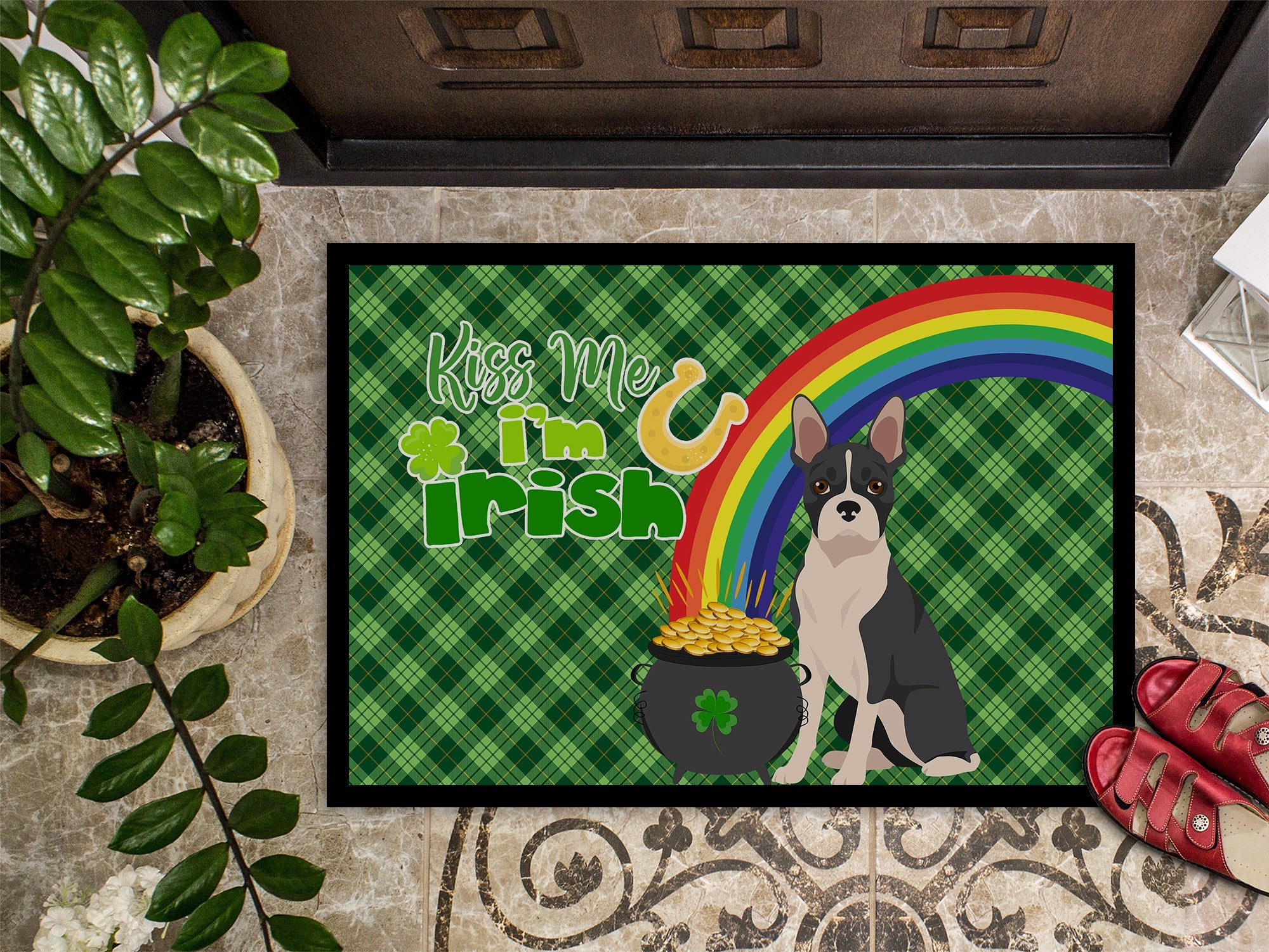 Black Boston Terrier St. Patrick's Day Doormat Indoor Outdoor 24H X 36W Front Door Mat Rugs for Entryway, Non Slip Washable Low Pile,