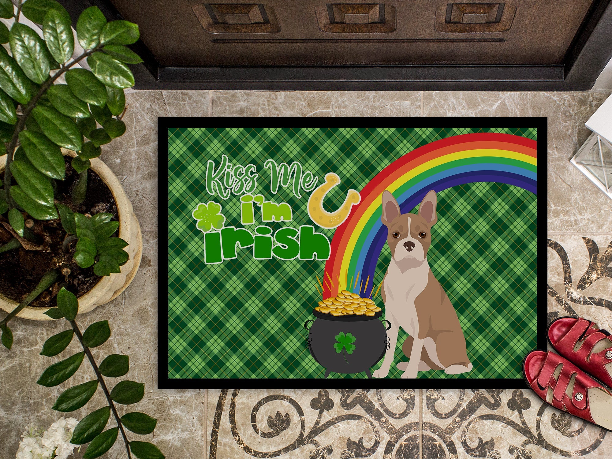 Fawn Boston Terrier St. Patrick's Day Doormat Indoor Outdoor 24H X 36W Front Door Mat Rugs for Entryway, Non Slip Washable Low Pile,