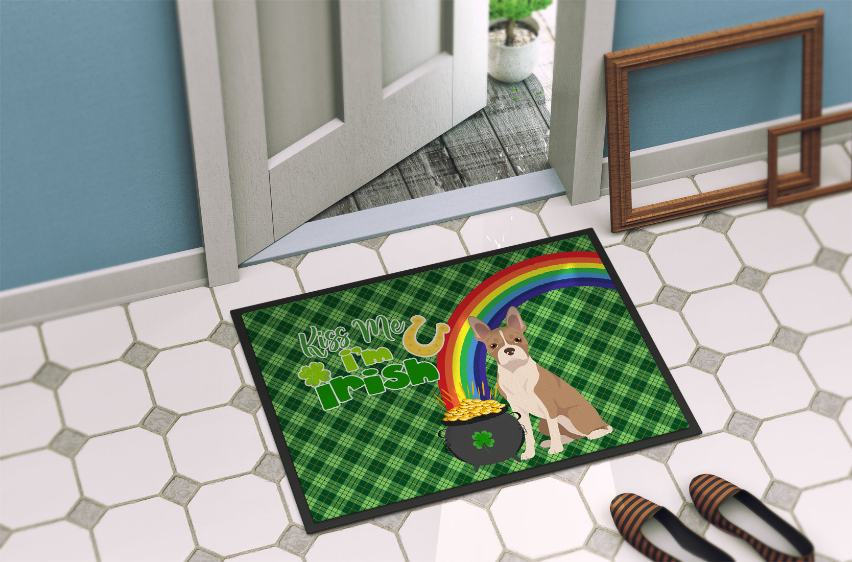 Fawn Boston Terrier St. Patrick's Day Doormat Indoor Outdoor 24H X 36W Front Door Mat Rugs for Entryway, Non Slip Washable Low Pile,