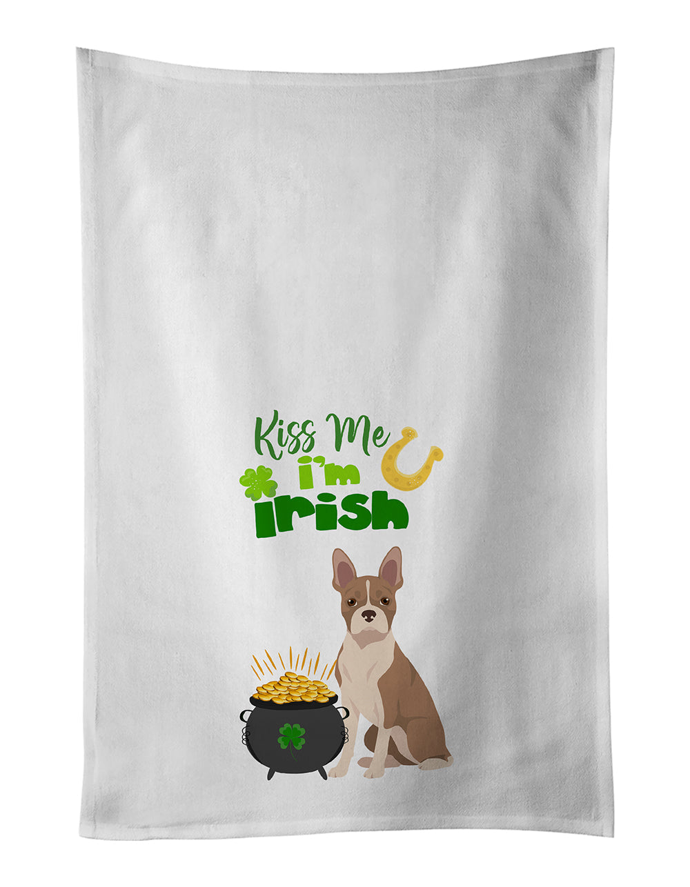 Fawn Boston Terrier St. Patrick's Day Kitchen Towel Set of 2 White Dish Towels Decorative Bathroom Hand towel for Hand, Face, Hair, Yoga, Tea, Dishcloth, 19 X 28", White