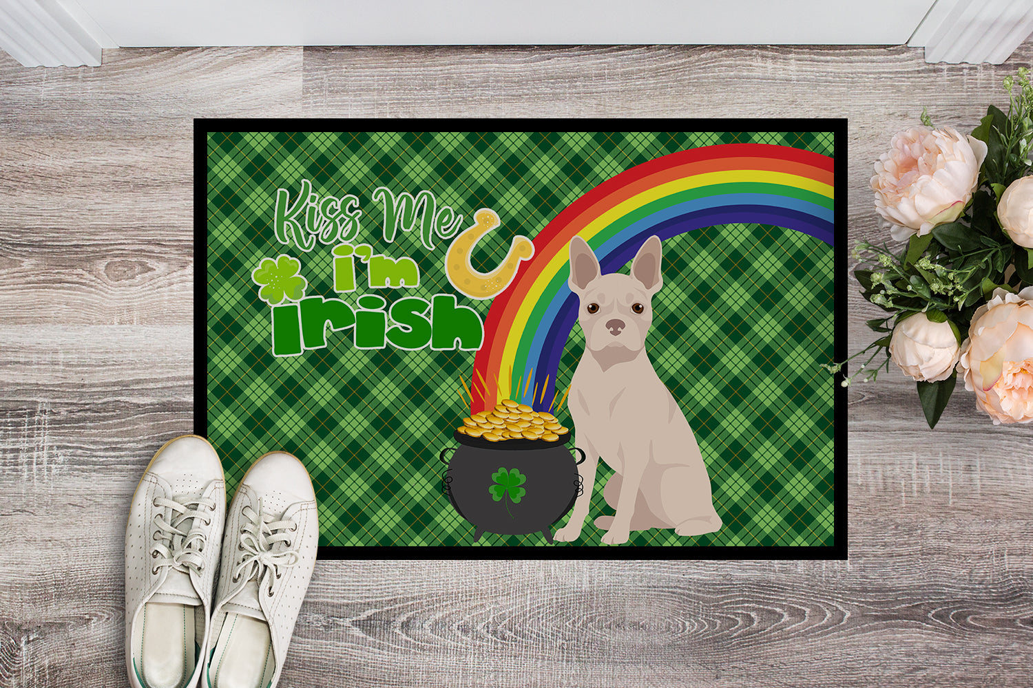 White Boston Terrier St. Patrick's Day Doormat Indoor Outdoor 24H X 36W Front Door Mat Rugs for Entryway, Non Slip Washable Low Pile,