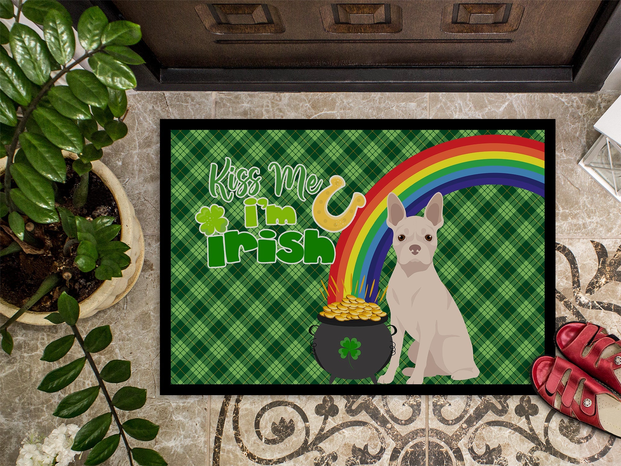White Boston Terrier St. Patrick's Day Doormat Indoor Outdoor 24H X 36W Front Door Mat Rugs for Entryway, Non Slip Washable Low Pile,