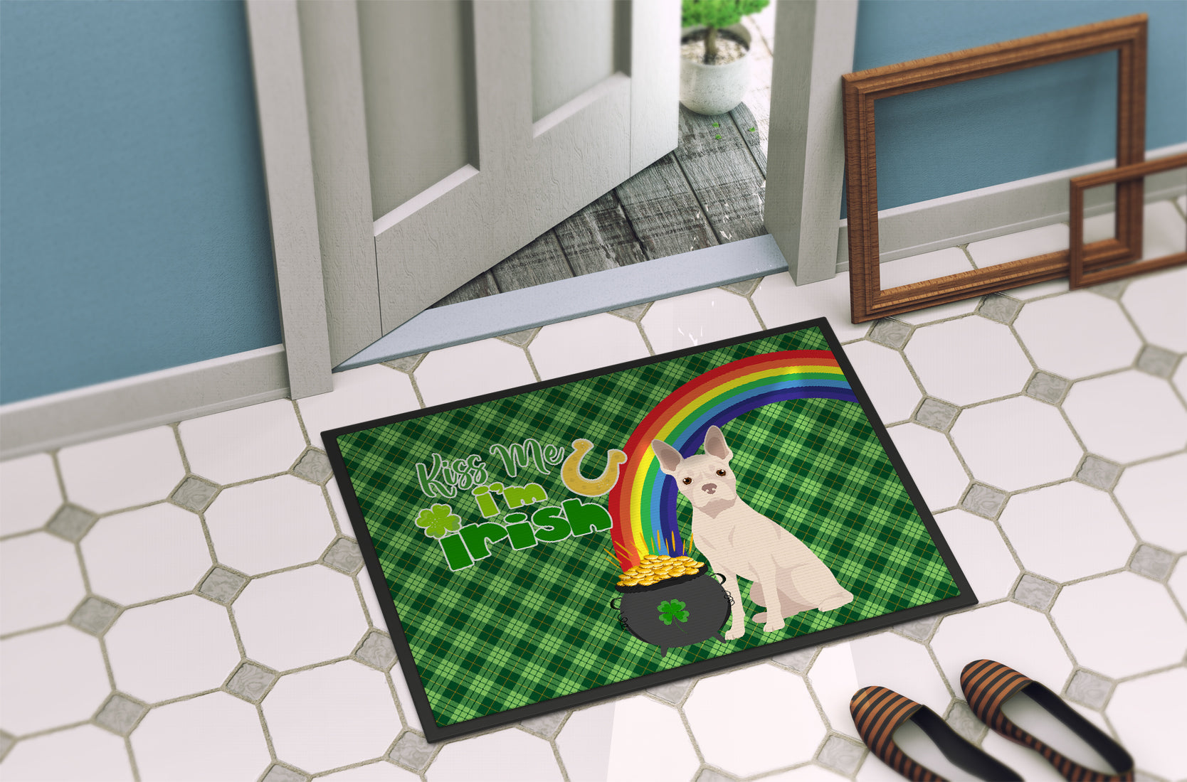 White Boston Terrier St. Patrick's Day Doormat Indoor Outdoor 24H X 36W Front Door Mat Rugs for Entryway, Non Slip Washable Low Pile,