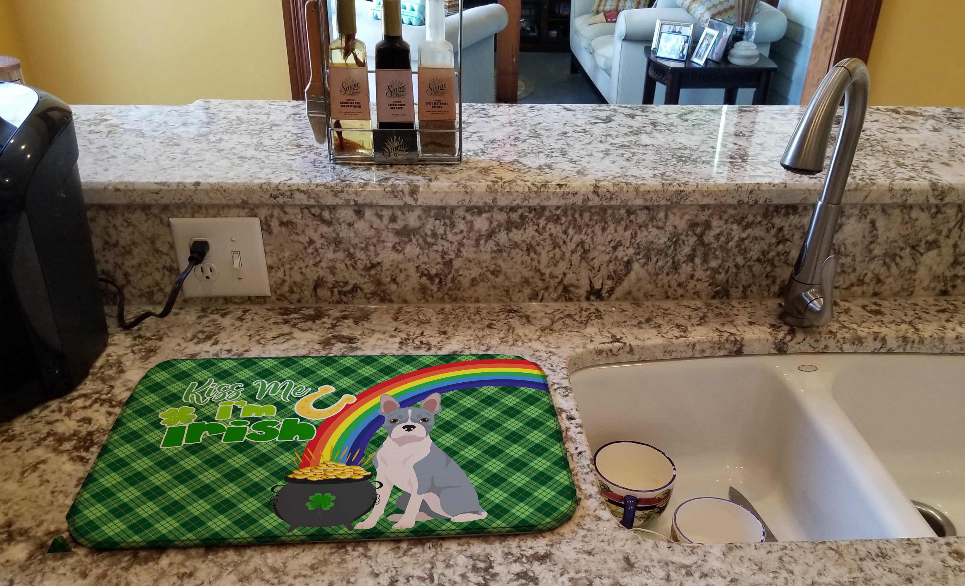 Blue Boston Terrier St. Patrick's Day Dish Drying Mat Absorbent Dish Drying Mat Pad for Kitchen Counter Dish Drainer Mat for Countertop, 14 x 21", Multicolor