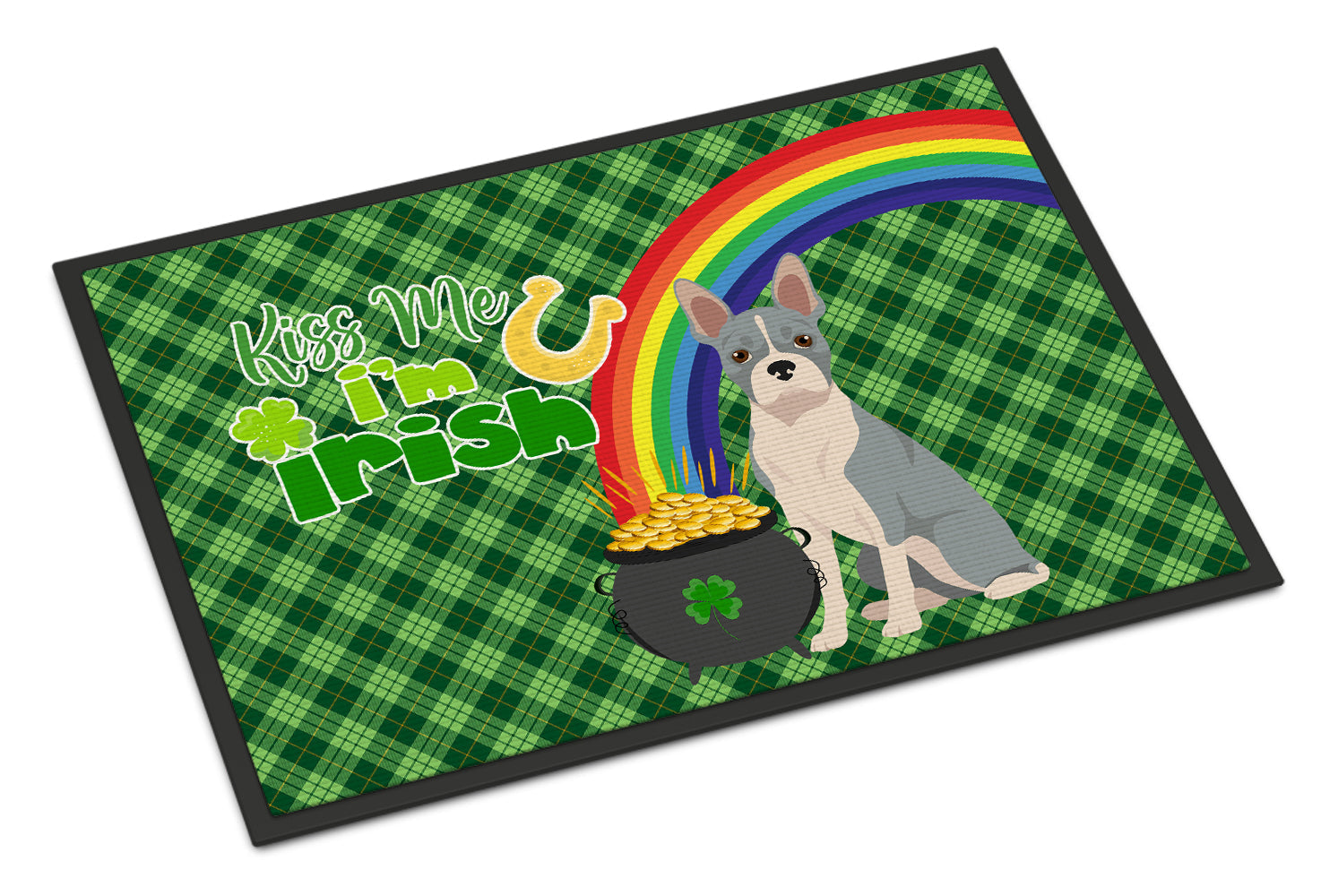 Blue Boston Terrier St. Patrick's Day Doormat Indoor Outdoor 24H X 36W Front Door Mat Rugs for Entryway, Non Slip Washable Low Pile,