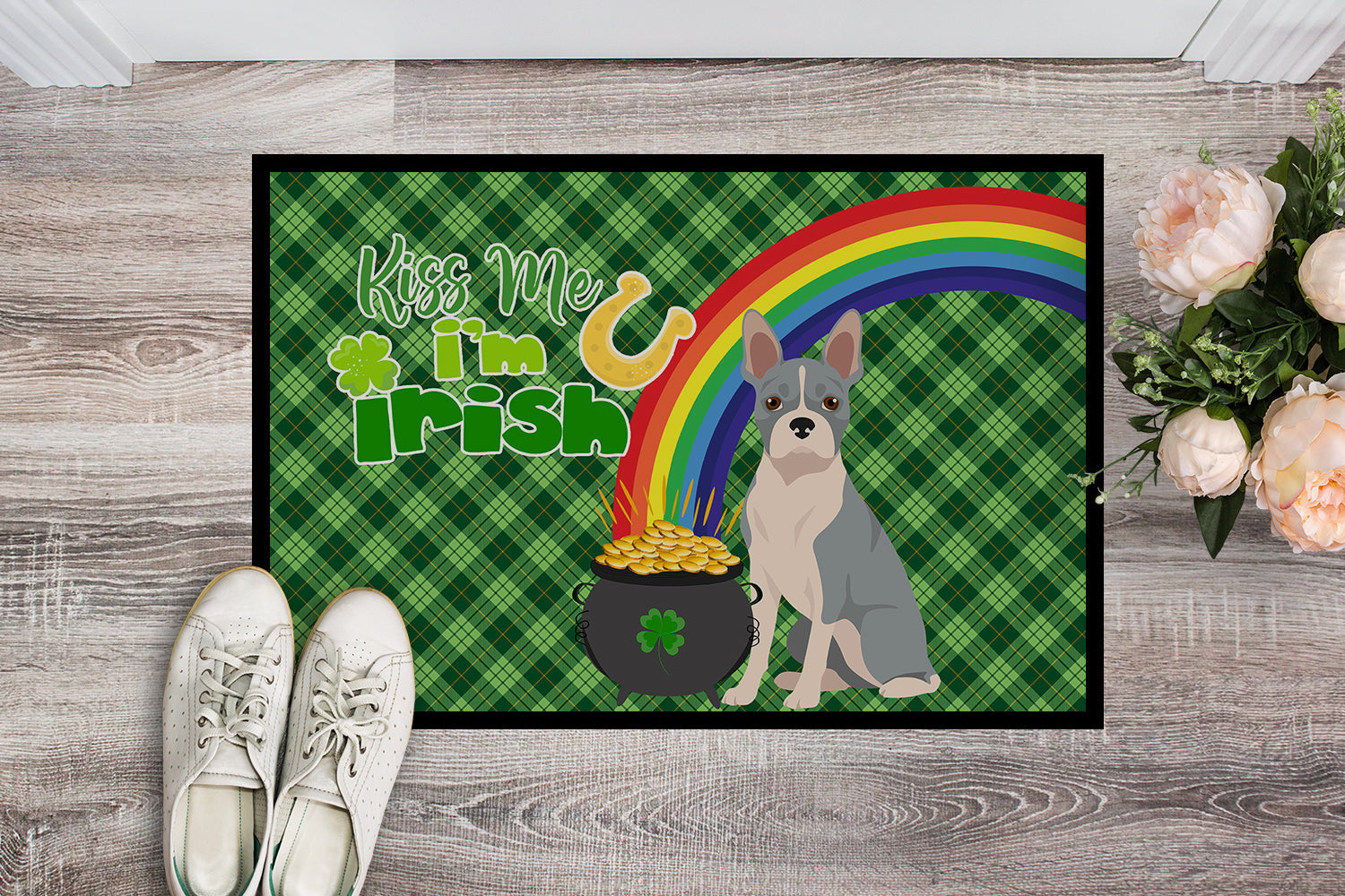 Blue Boston Terrier St. Patrick's Day Doormat Indoor Outdoor 24H X 36W Front Door Mat Rugs for Entryway, Non Slip Washable Low Pile,
