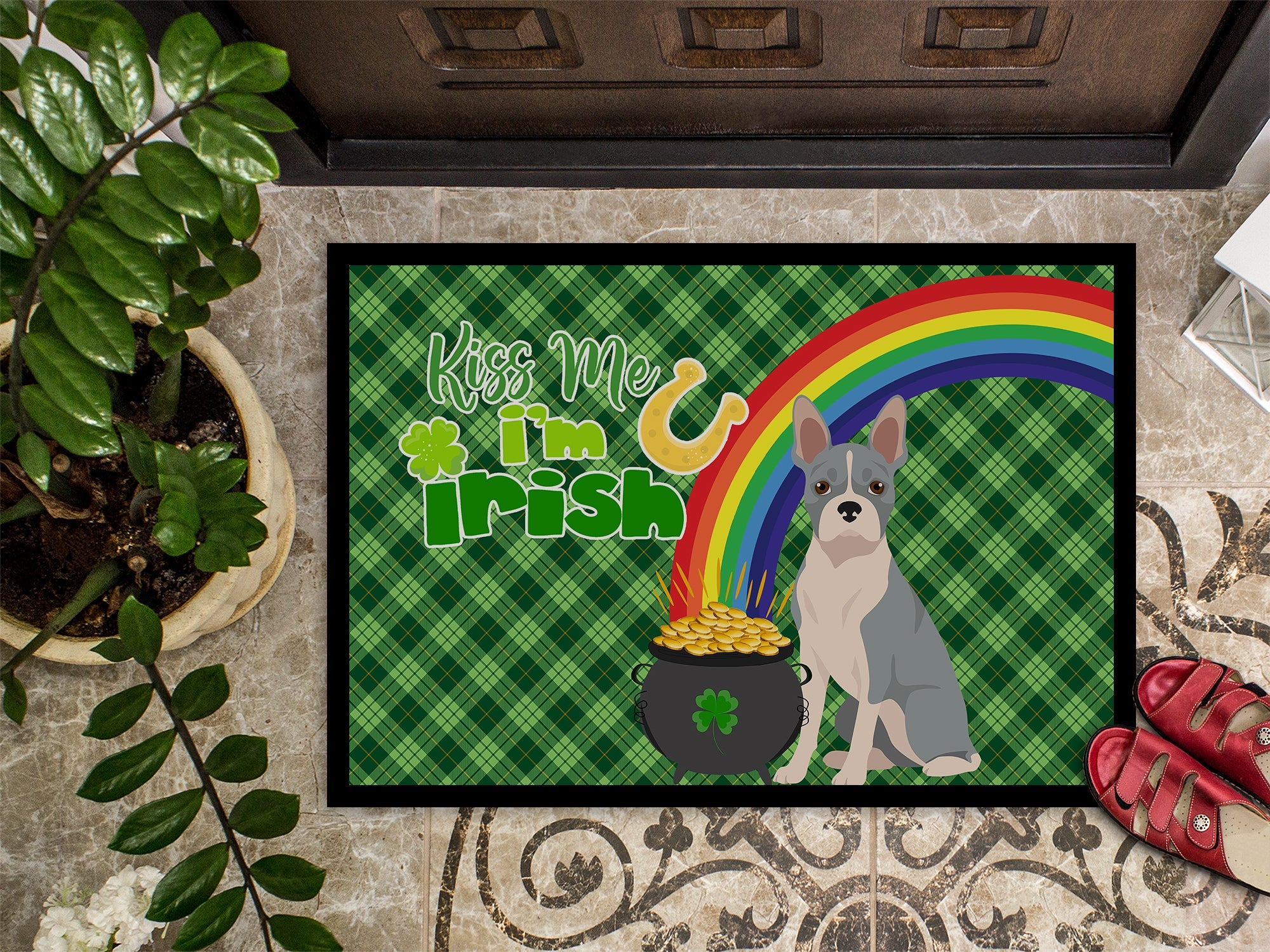 Blue Boston Terrier St. Patrick's Day Doormat Indoor Outdoor 24H X 36W Front Door Mat Rugs for Entryway, Non Slip Washable Low Pile,