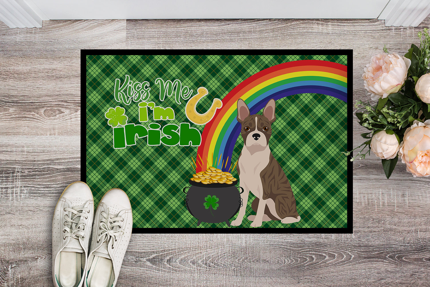 Brindle Boston Terrier St. Patrick's Day Doormat Indoor Outdoor 24H X 36W Front Door Mat Rugs for Entryway, Non Slip Washable Low Pile,