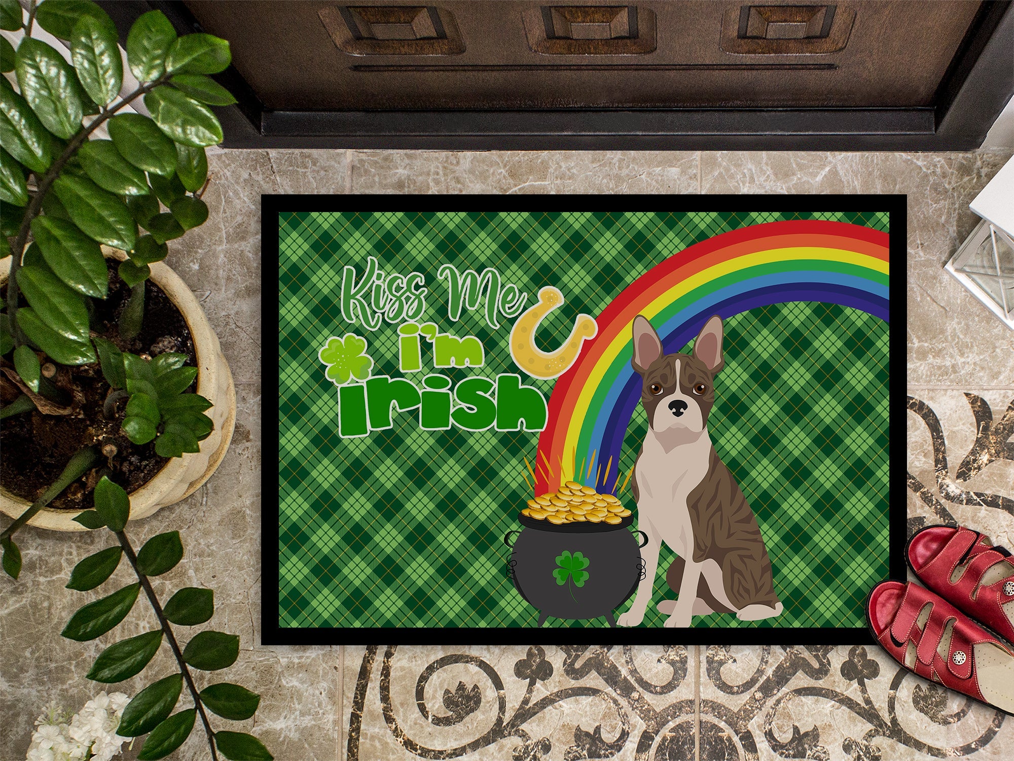 Brindle Boston Terrier St. Patrick's Day Doormat Indoor Outdoor 24H X 36W Front Door Mat Rugs for Entryway, Non Slip Washable Low Pile,