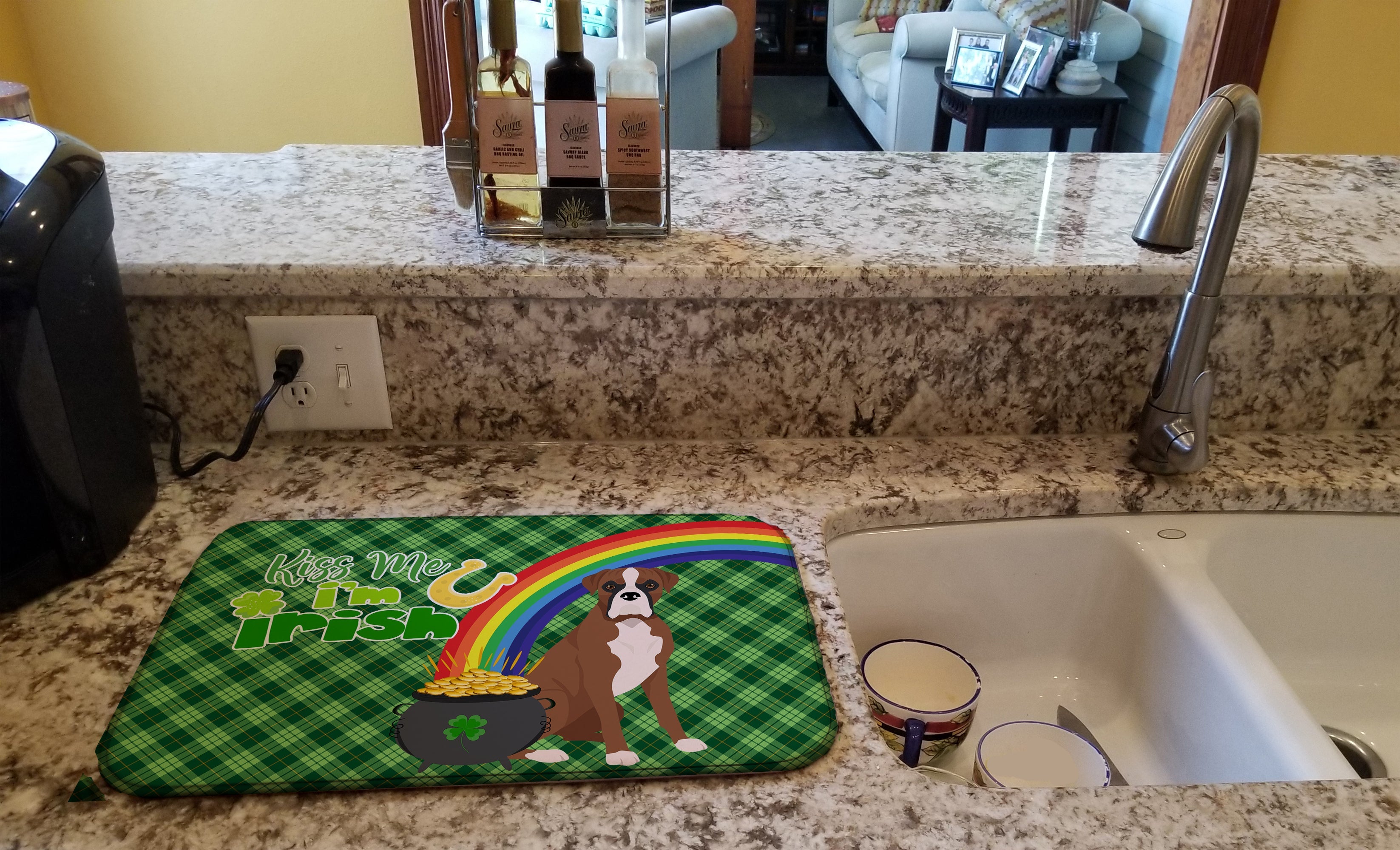 Natural Eared Red Fawn Boxer St. Patrick's Day Dish Drying Mat Absorbent Dish Drying Mat Pad for Kitchen Counter Dish Drainer Mat for Countertop, 14 x 21", Multicolor