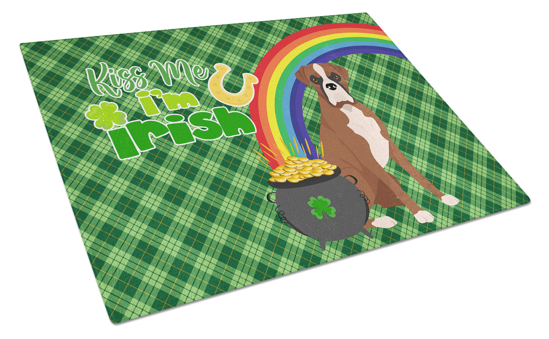 Natural Eared Red Fawn Boxer St. Patrick's Day Cutting Board Tempered Glass Kitchen Cutting Surface, Heat Resistant Chopping, Non-Slip Feet, Food Prep & Serving