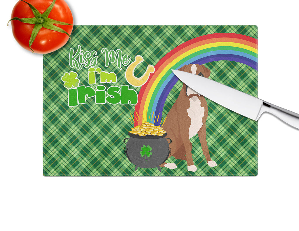 Natural Eared Red Fawn Boxer St. Patrick's Day Cutting Board Tempered Glass Kitchen Cutting Surface, Heat Resistant Chopping, Non-Slip Feet, Food Prep & Serving