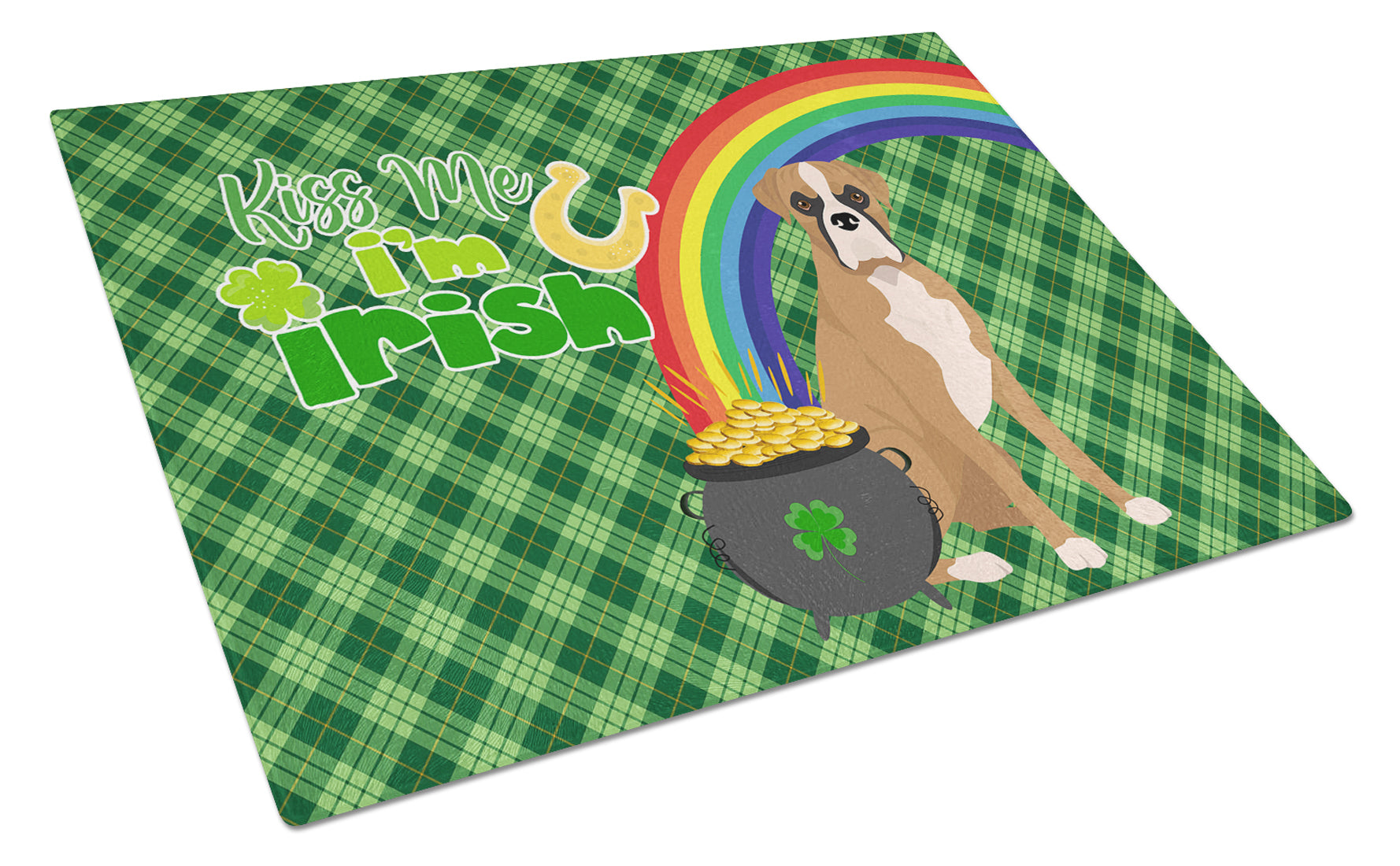 Natural Eared Fawn Boxer St. Patrick's Day Cutting Board Tempered Glass Kitchen Cutting Surface, Heat Resistant Chopping, Non-Slip Feet, Food Prep & Serving