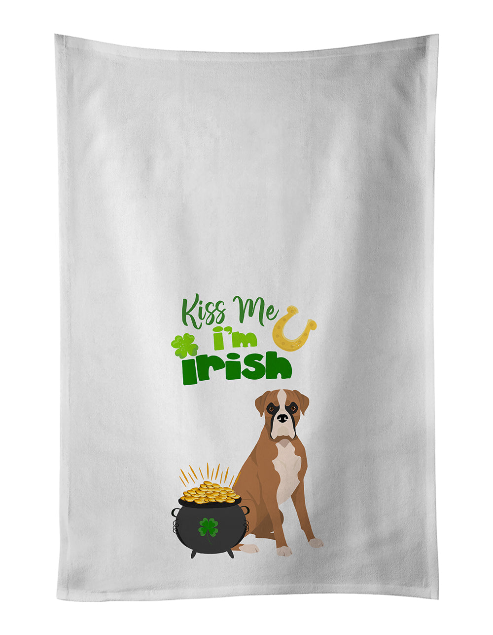 Natural Eared Fawn Boxer St. Patrick's Day Kitchen Towel Set of 2 White Dish Towels Decorative Bathroom Hand towel for Hand, Face, Hair, Yoga, Tea, Dishcloth, 19 X 28", White