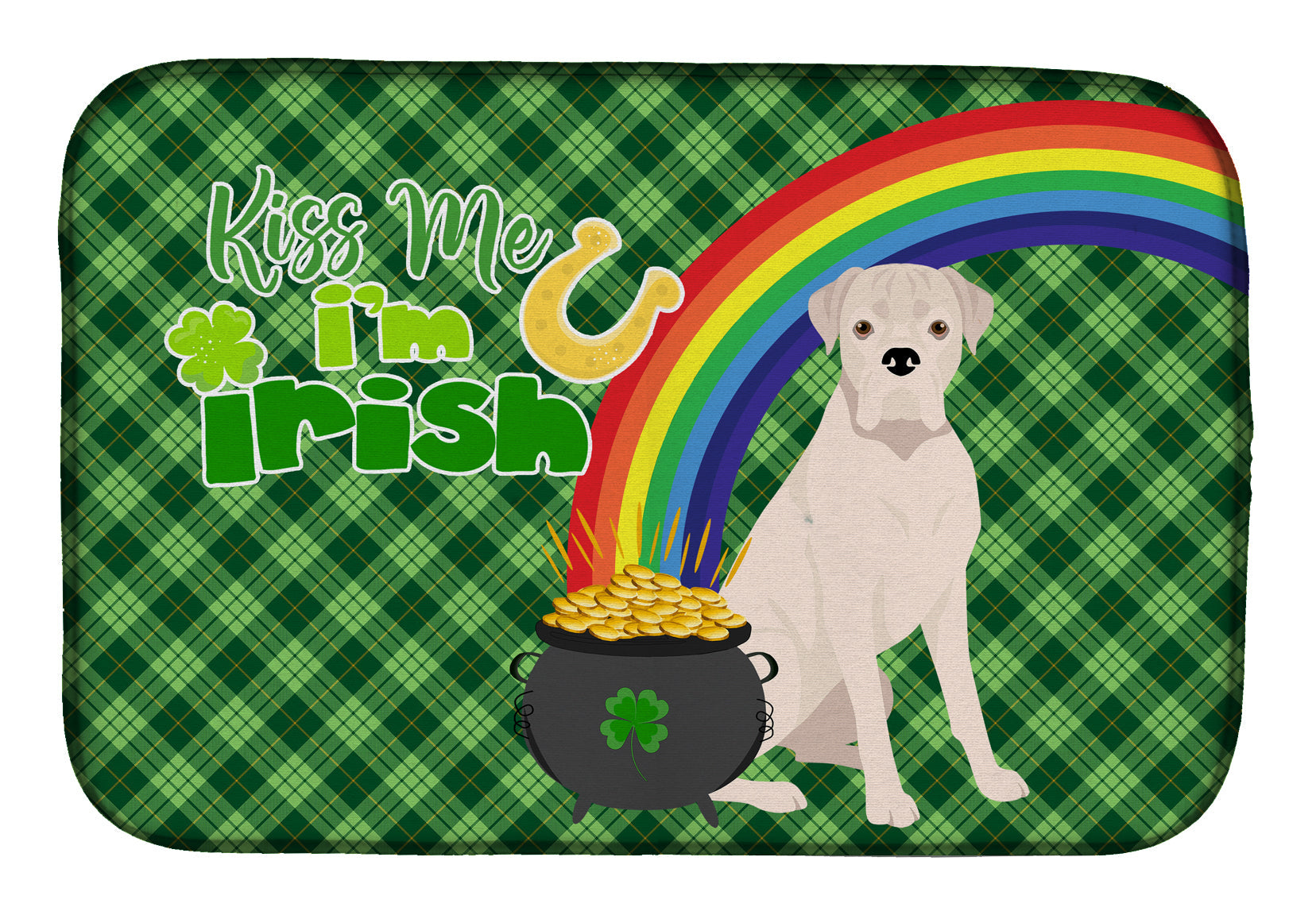 Natural Eared White Boxer St. Patrick's Day Dish Drying Mat Absorbent Dish Drying Mat Pad for Kitchen Counter Dish Drainer Mat for Countertop, 14 x 21", Multicolor