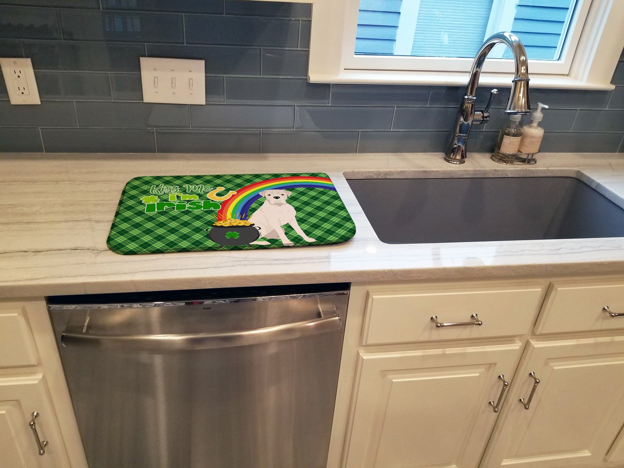 Natural Eared White Boxer St. Patrick's Day Dish Drying Mat Absorbent Dish Drying Mat Pad for Kitchen Counter Dish Drainer Mat for Countertop, 14 x 21", Multicolor