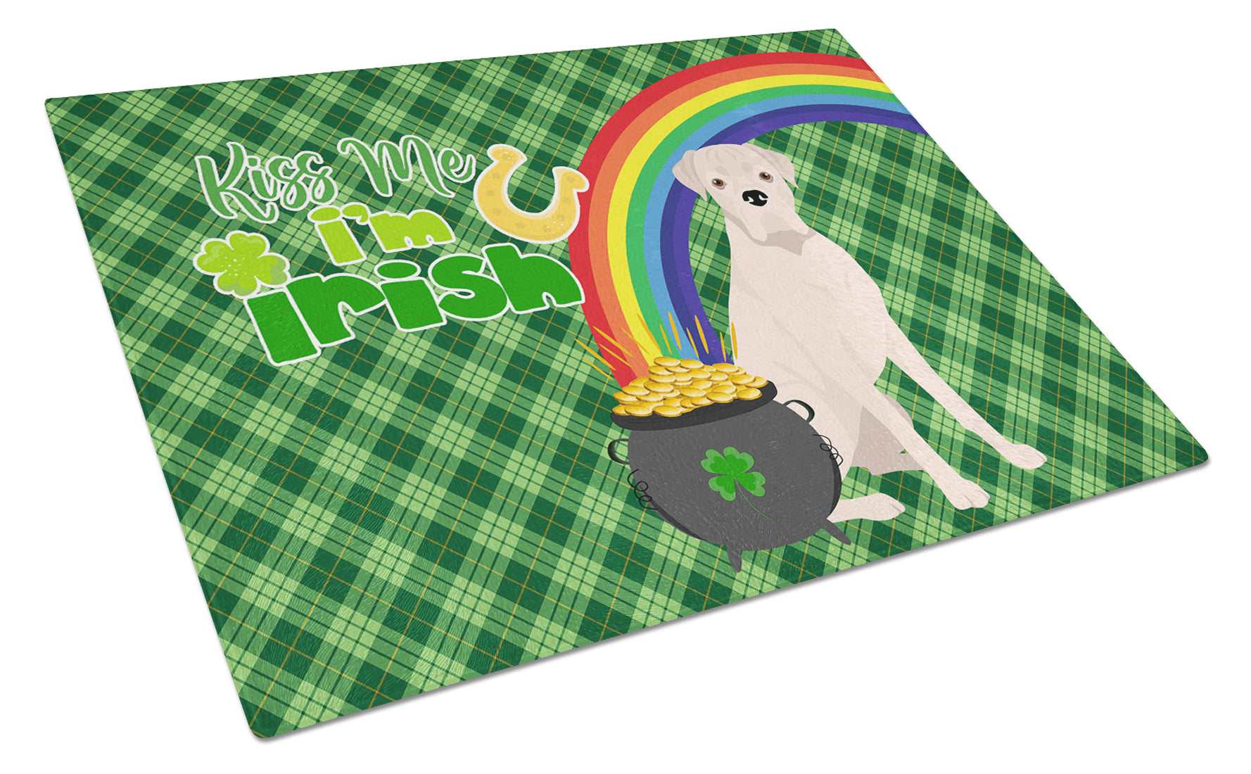 Natural Eared White Boxer St. Patrick's Day Cutting Board Tempered Glass Kitchen Cutting Surface, Heat Resistant Chopping, Non-Slip Feet, Food Prep & Serving